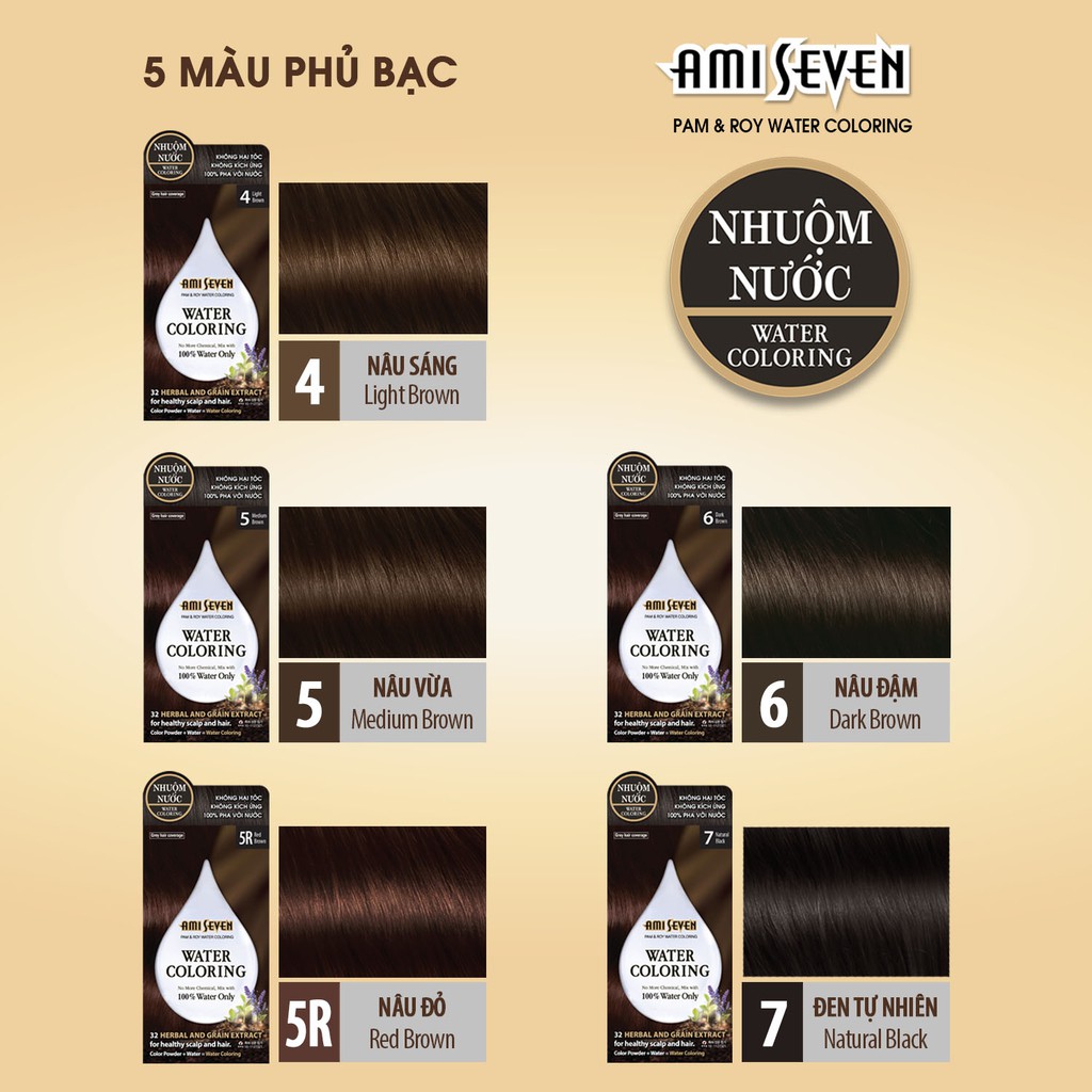 Nhuộm Nước Thiên Nhiên Ami Seven #5 Medium Brown. CHỈ PHA 100% VỚI NƯỚC - Hộp 3 góix10g (30g) + Phụ kiện nhuộm.