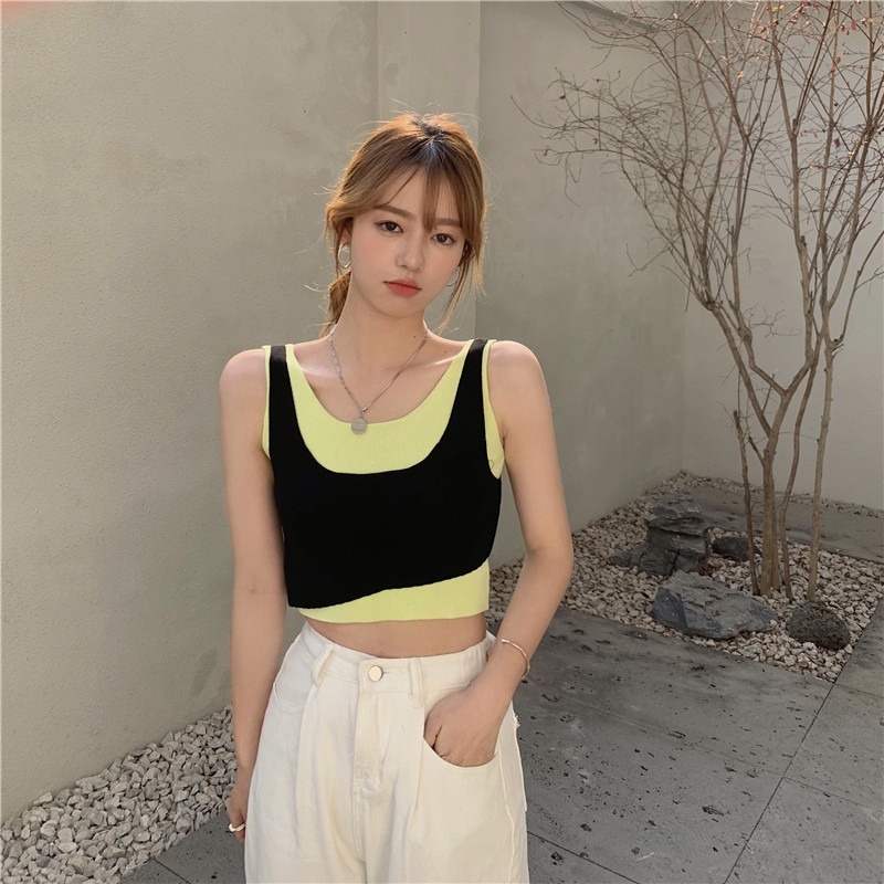 【ZHELIHANGFEI】 / Áo Dệt Kim Sát Nách Giả Hai Mảnh Màu Sắc Phù Hợp Với Nhiều Phong Cách