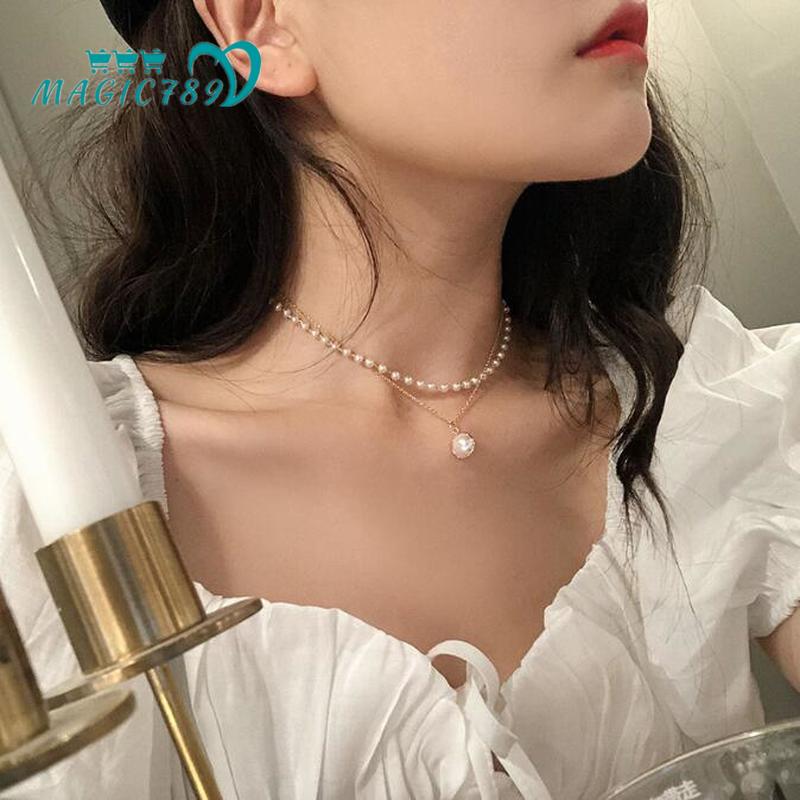 Vòng cổ choker 789 hai tầng đính hạt ngọc trai phong cách Hàn Quốc thời trang cho nữ