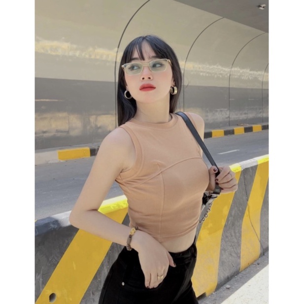Áo kiểu croptop nữ cổ tròn sát nách ba lỗ có đường may ngực tôn dáng co dãn thoải mái YUNA A018