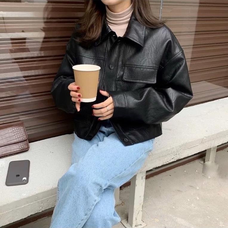 Áo khoác da croptop basic, áo khoác da nữ màu đen phong cách ulzzang trẻ trung năng động mặc đi chơi đi học, TONGKHO