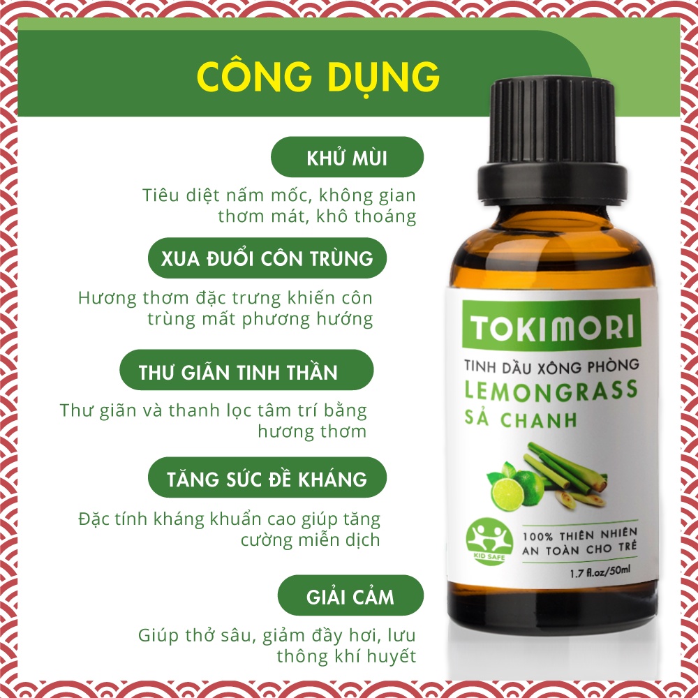 Tinh Dầu Sả Chanh TOKIMORI Xuất Khẩu Nhật Bản (50ml) Nguyên Chất Thiên Nhiên, An Toàn Cho Trẻ, Xông Phòng, Khử Mùi