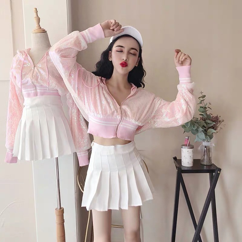 Áo khoác ngắn đính kim sa phong cách thể thao năng động 3 màu hồng/trắng/đen