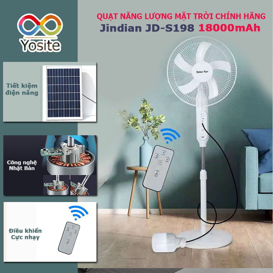 Quạt năng lượng mặt trời chính hãng Solar Jindian JD-S198 cực mát tiết kiệm điện nhờ sạc tích điện năng lượng mặt trời