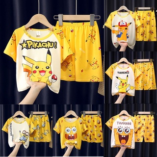 Set đồ ngủ gồm áo thun tay ngắn in hình pikachu + quần đùi kiểu hoạt hình đáng yêu dành cho bé