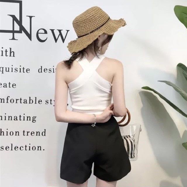 Áo croptop cổ chéo mặc 2 kiểu vải tăm co giãn hàng đẹp Shynstores