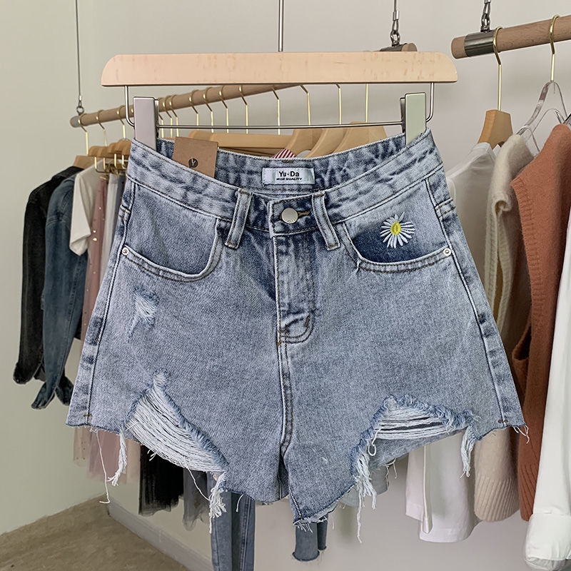 Quần Short Denim Nữ Lưng Cao Thêu Hoa Thời Trang