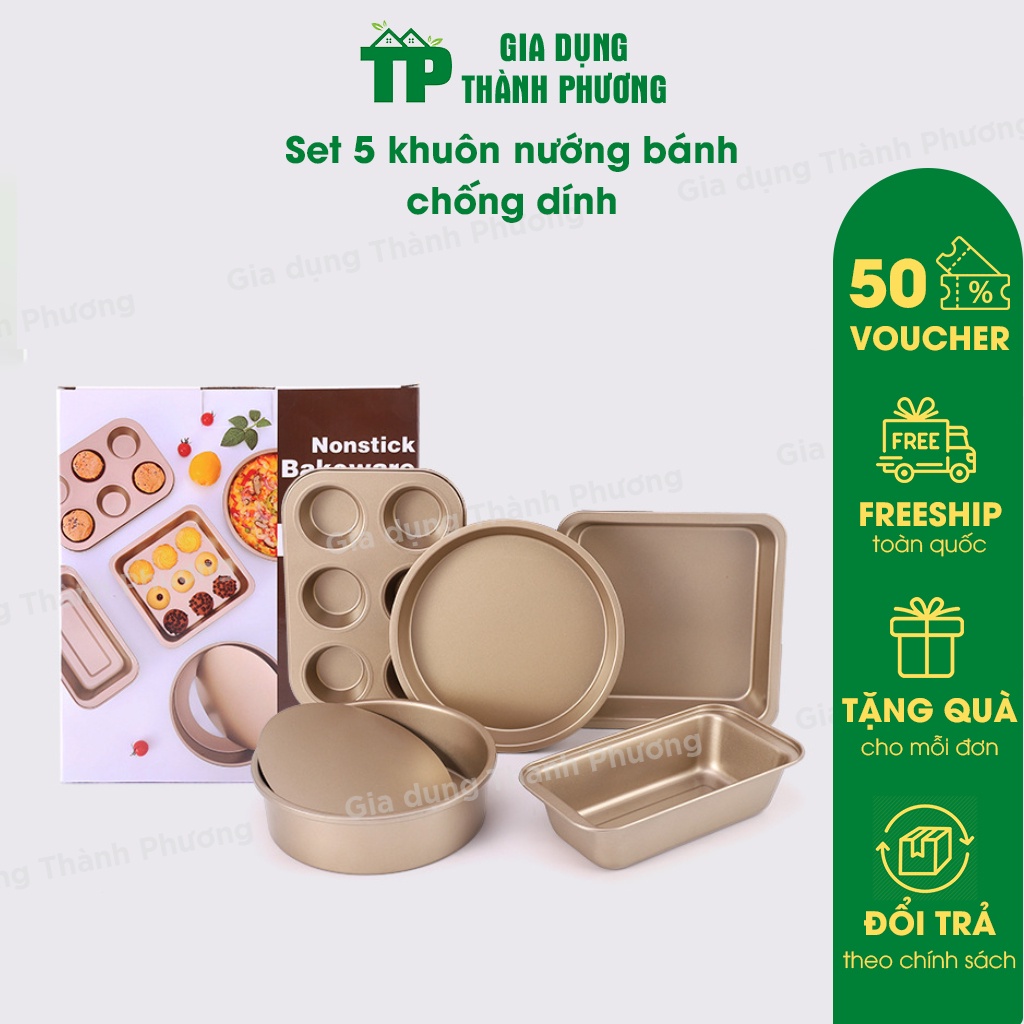 Khuôn làm bánh cao cấp chống dính SET 5 chiếc, khuôn nướng bánh cupcake, pizza, bánh mì bằng thép carbon an toàn
