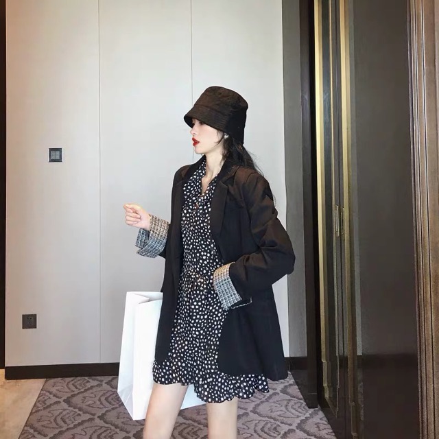 (Order) 50-100kg Set rời - Áo khoác blazer tay kẻ phối váy chấm bi viền bèo