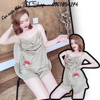 Đồ ngủ mặc nhà lụa trơn cổ đỗ quần đùi freesize 42-57kg
