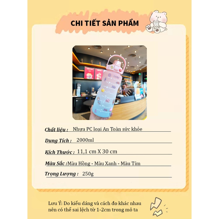 Bình Nước 2l , Bình Nước 2 Lít Cute Có Vạch Nhắc Nhỏ Uống Nước ,Bình Nước Thể Thao Có Vòi Hút BN12