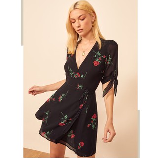 Zara Morocco full tag - Đầm Zara đen hoa hồng vạt chéo DH7VC64N9