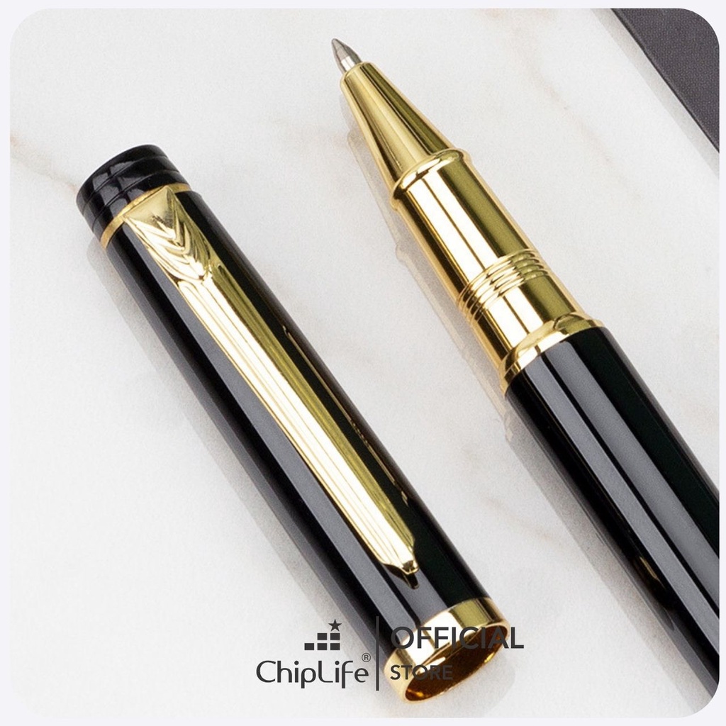 Bút kim loại khắc tên PICA CHIPLIFE P028 - Đen viền vàng ngòi 0.5mm mực xanh