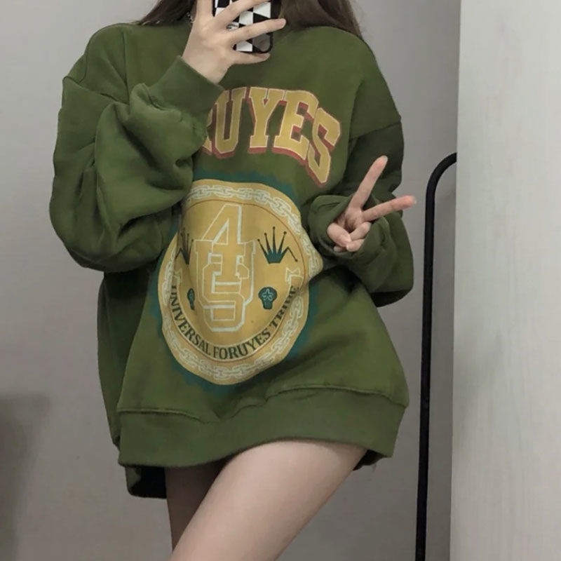 Áo khoác sweatshirt dáng rộng mỏng màu xanh lá cây phong cách retro thời trang | BigBuy360 - bigbuy360.vn