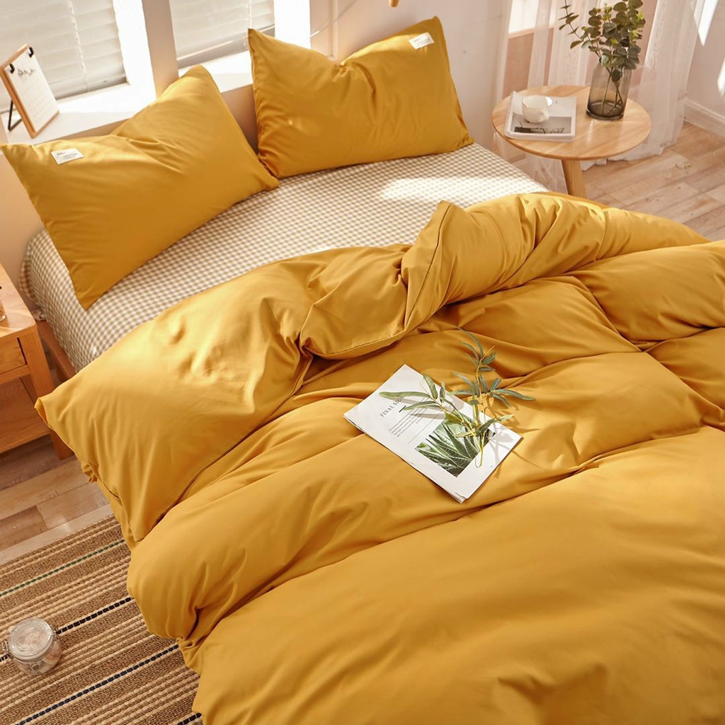 Bộ chăn ga gối cotton tici mix kẻ caro be vải mềm đẹp