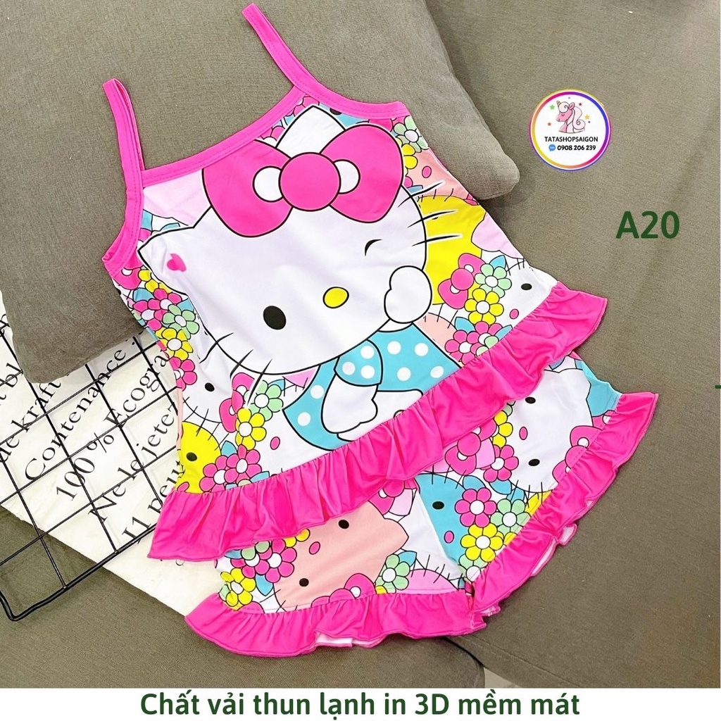 Đồ bộ hè cho bé gái hai dây 3D thun lạnh in hoạt hình kitty pony công chúa size đại 20 đến 40kg A20