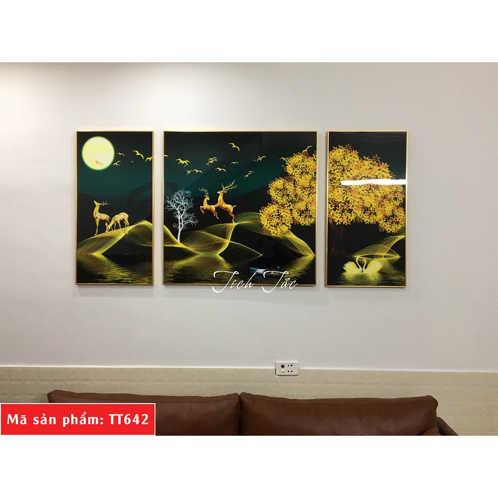 Bộ 3 tấm tranh tráng gương tuần lộc phong cảnh nghệ thuật cao cấp sang trọng Tường Xinh