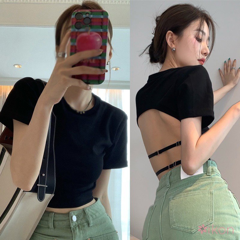 Áo Thun Croptop Hở Lưng Cổ Tròn Phong Cách Hàn Quốc Quyến Rũ Dành Cho Nữ