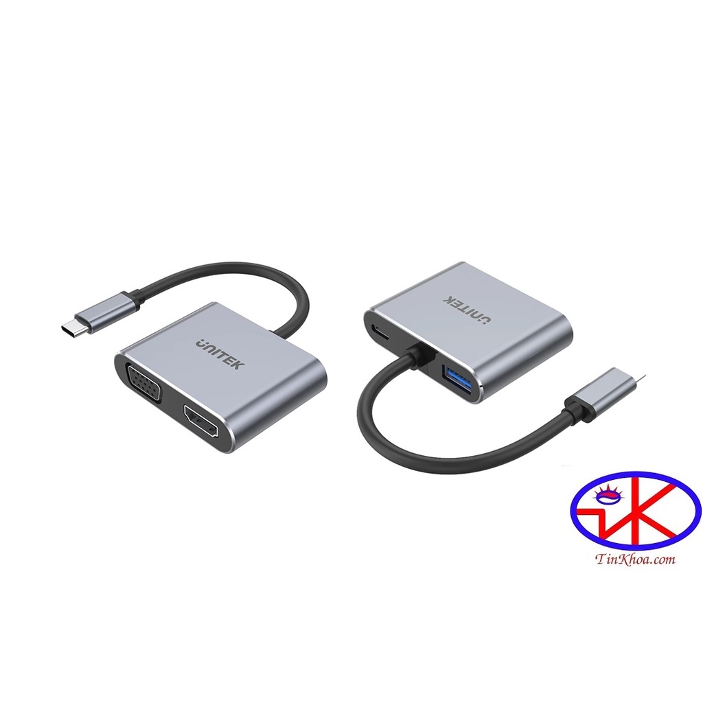 Cáp chuyển Type C sang USB 3.0 + HDMI + VGA + PD 100W UNITEK D1049A kèm cáp nguồn.TYPE-C -&gt; USB 3.0 + HDMI + VGA + PD