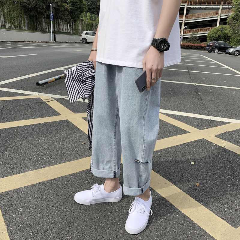 Chubby and handsome nine point casual loose fit super hot CEC pants men's straight line ins fashion brand broken hole beggar jeans trend 1