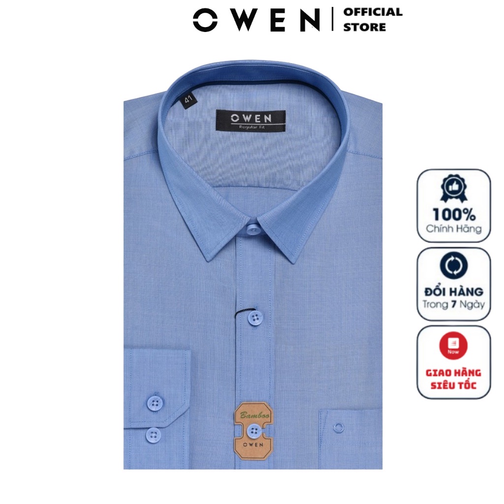 Áo Sơ Mi Nam Dài Tay Owen AR23229D Somi Công Sở Cao Cấp Màu Xanh Trơn Dáng Suông Có Túi Chất Sợi Tre Mềm Mát