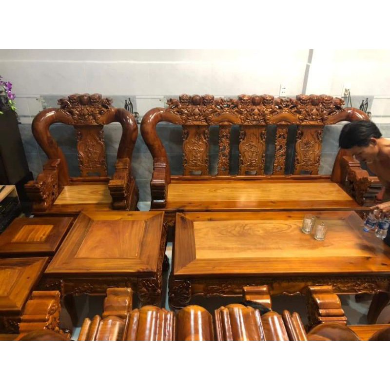 Bộ bàn ghế gỗ tràm bông vàng tay 14 gồm 9 món trang trí phòng khách ( ẢNH THẬT 100% )