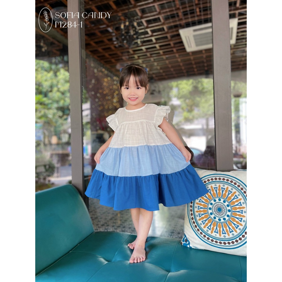 ĐẦM TẦNG PHỐI MÀU XANH CHO BÉ GÁI