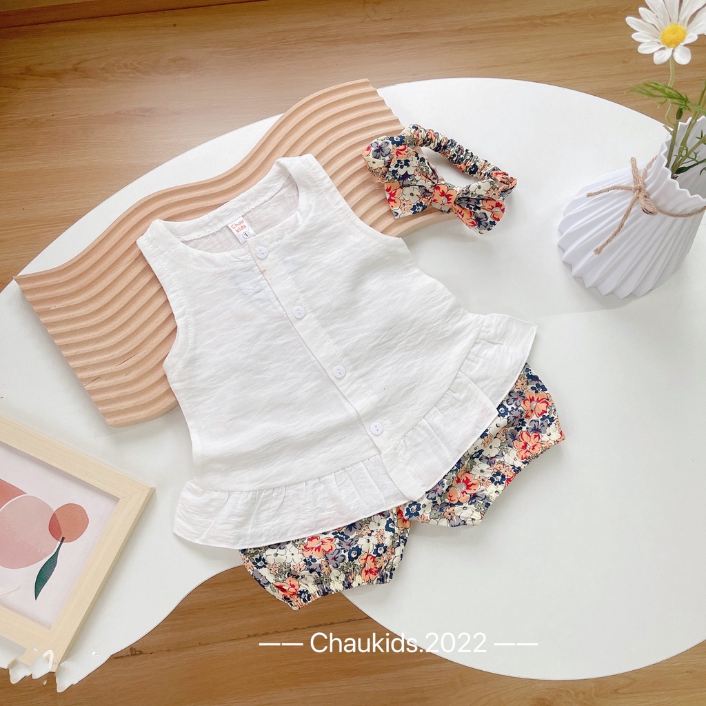 Bộ bé gái sát nách cài cúc  hoa nhí kèm  tu ban chất đũi mềm BH02