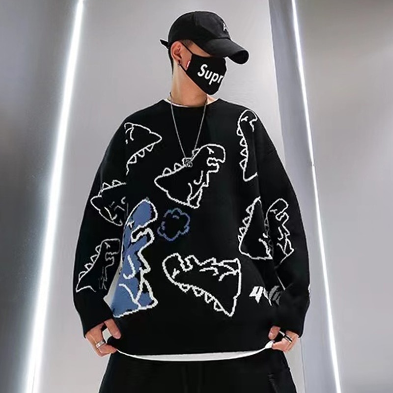 Áo Khoác cardigan Dệt Kim Dáng Rộng In Họa Tiết Khủng Long graffiti Đường Phố hip hop Thời Trang Mùa Đông 2021 Cho Nam Và Nữ