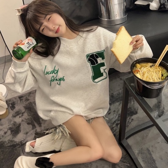 ZHELIHANGFEI Áo Thun Tay Dài Cổ Tròn Với Họa Tiết Thêu Theo Phong Cách Preppy