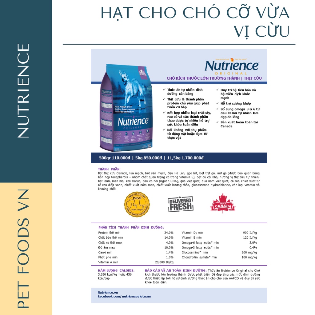 Hạt cho chó cỡ vừa NUTRIENCE Original Medium Breed 500g vị Cừu