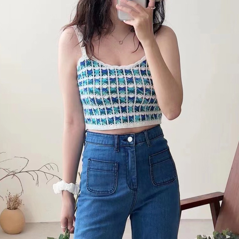 Áo Croptop Dệt Kim Không Tay Thêu Họa Tiết Sọc Ngang Nhiều Màu Sắc Thời Trang Cho Nữ