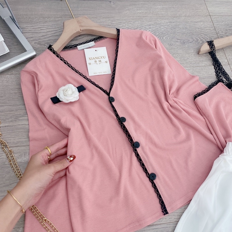 [ 𝐅𝐑𝐄𝐄 𝐒𝐇𝐈𝐏 ]  SÉT 3 MÓN KHOÁC LEN HỒNG MIX QUẦN BOM SIÊU XINH VẢI LEN TĂM QC