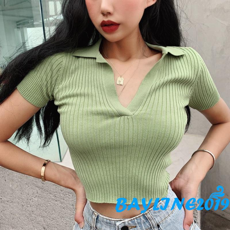 Áo croptop dệt kim tay ngắn cổ chữ V màu trơn thời trang xinh xắn cho nữ