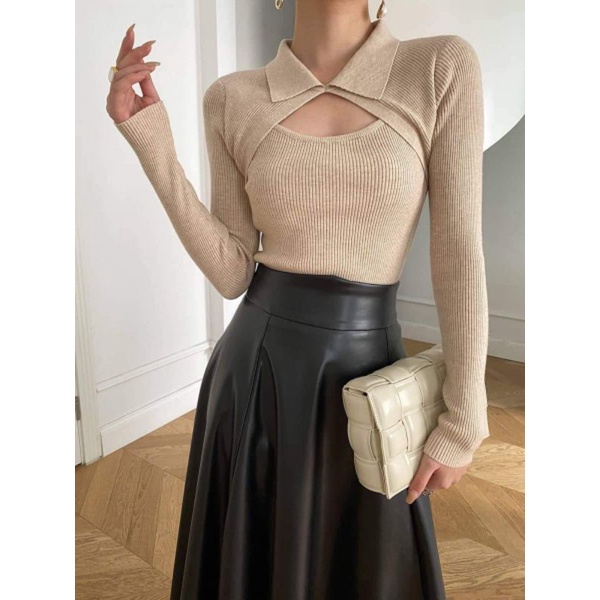 Áo len dài tay khoét ngực cổ cài hàng QC