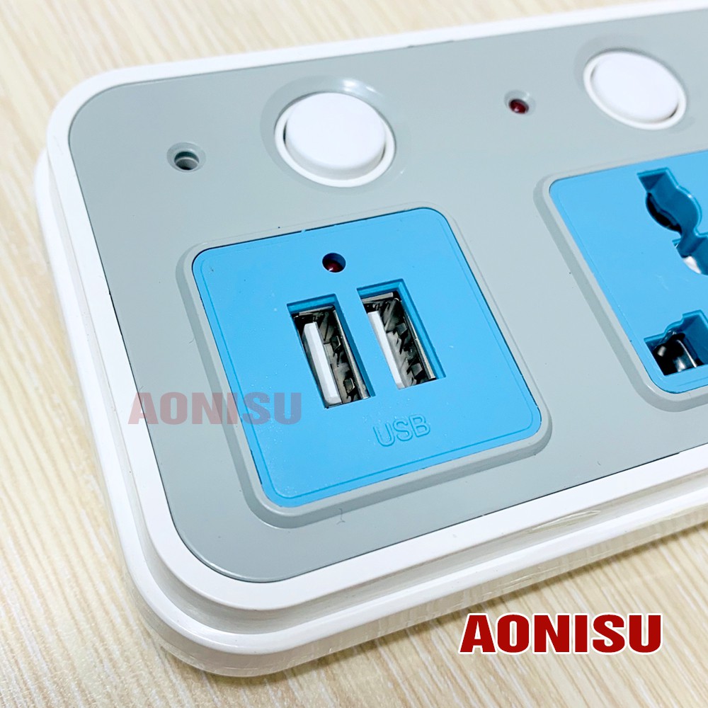 (B12) Ổ Cắm Điện Đa Năng 2 Phích 2 Cổng USB - Phích Cắm Điện Chống Giật.Có Công Tắc Cho Mỗi Phích An Toàn Sử Dụng AONISU