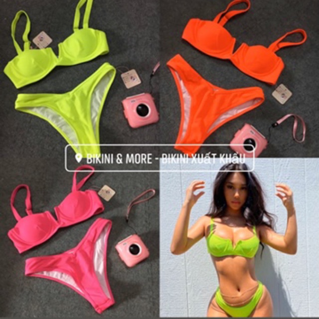 [BKN528] <ÂU> SET BIKINI VẢI GÂN CỔ V HỒNG/XANH NEON/CAM (CÓ GỌNG) | BigBuy360 - bigbuy360.vn