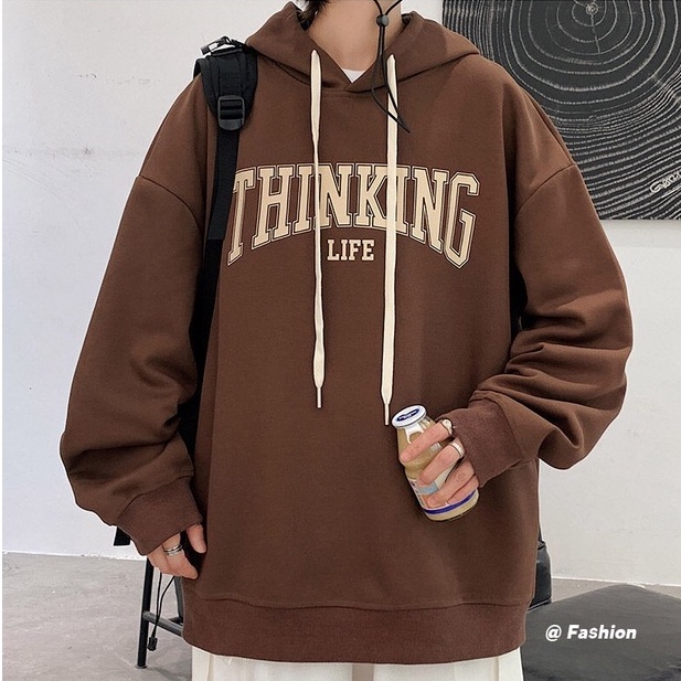 Áo Hoodie Nỉ In Chữ THINKING Áo Hoodie Nỉ Xanh Rêu Ngoại Dày Dặn Tay Bồng Form Rộng Unisex n