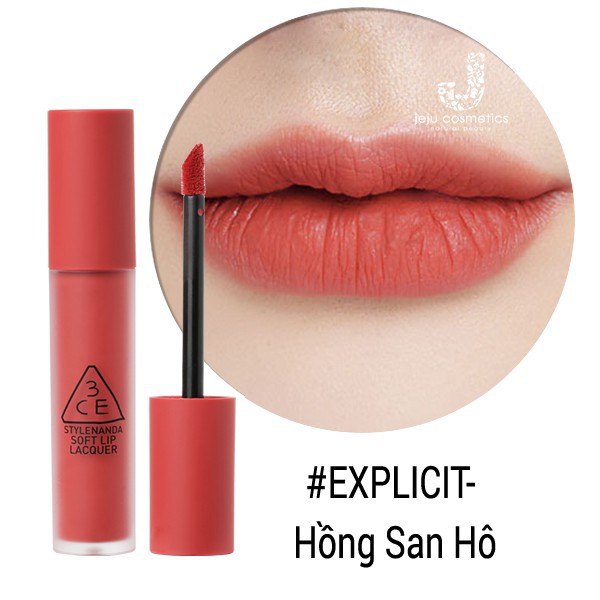 Son 3ce soft lip lacquer -son kem lì 3ce màu explicit ( HỒNG SAN HÔ) -