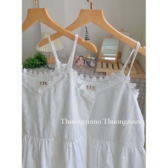 [Ảnh thật/Video]Váy hai dây New land Nàng Thơ vintage thêu hoa nhỏ Đầm hai dây dáng dài phối ren