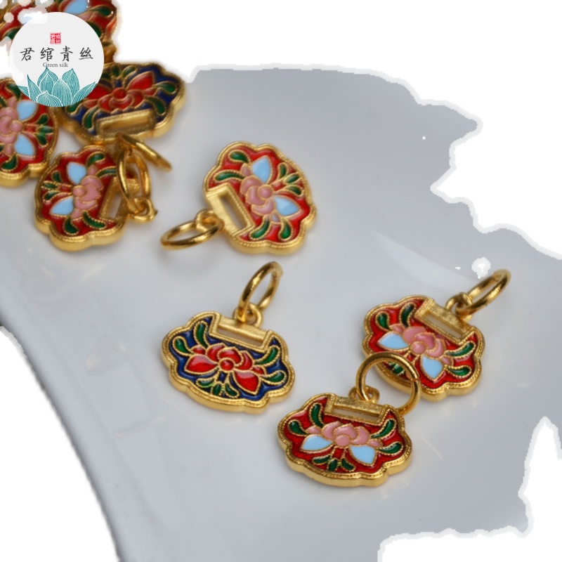 Bingyingge Mặt Dây Chuyền Bằng Đồng Nguyên Chất Mạ Vàng Kim Nguyên Chất Hình Ổ Khóa Ruyi Màu Xanh Lam Cháy Làm Trang