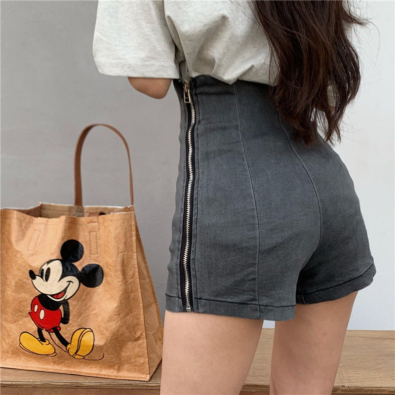 Quần đùi denim lưng cao co giãn phong cách Hàn Quốc cho nữ