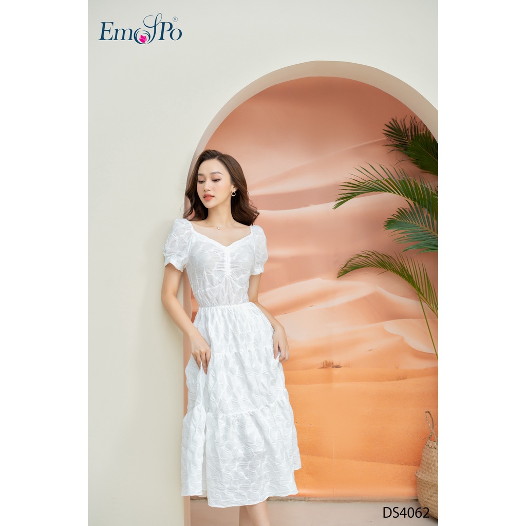 Đầm xòe cổ vuông, chun vai , bèo tầng Emspo DS4062