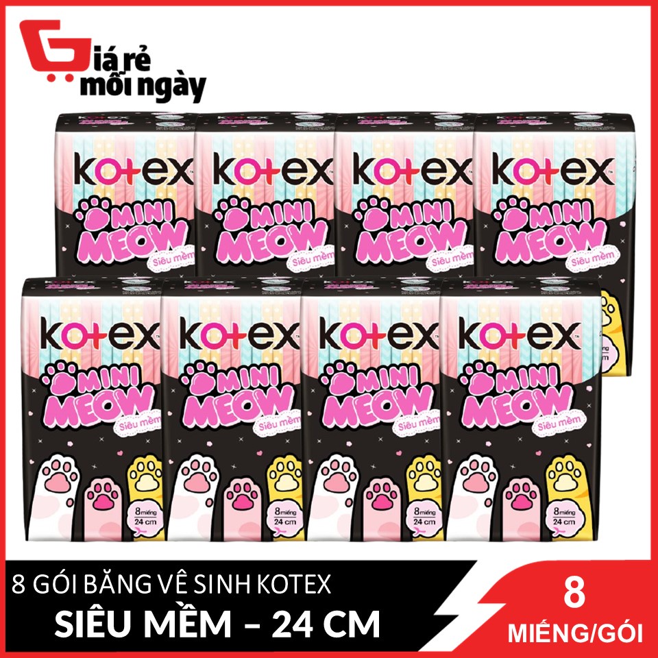 Combo 8 Băng Vệ Sinh Kotex Mini Meow Siêu Mềm 8 Miếng - 24 Cm