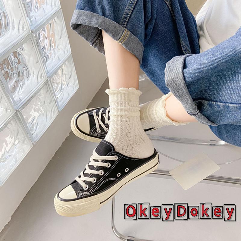 Tất cotton ống cao trung bình phối ren thấm hút mồ hôi thời trang thu đông cho nữ