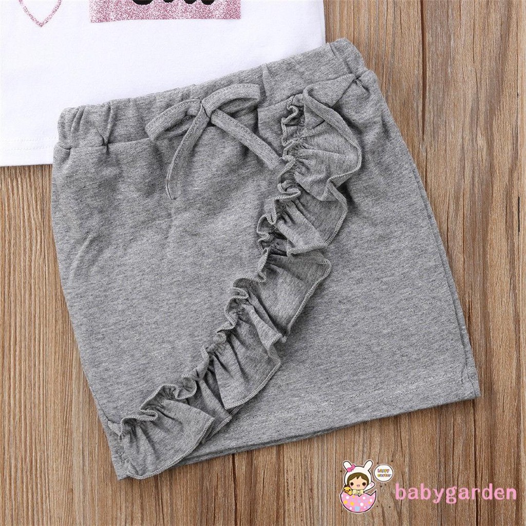 Set áo thun ngắn tay cổ tròn + chân váy denim lưng cao cho bé gái