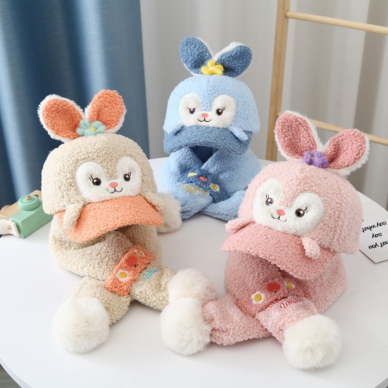 Set Mũ + Khăn Choàng Cổ Lót Nhung Giữ Ấm Mùa Đông In Họa Tiết Hoạt Hình Cho Bé 2 Tuổi