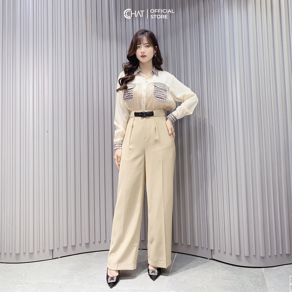 Áo Sơ Mi Nữ 𝐂𝐂𝐇𝐀𝐓 Kiểu 2 Túi Ốp Ngực Chất Voan Phong Cách Trẻ Trung Thanh Lịch 12FDV8005ST