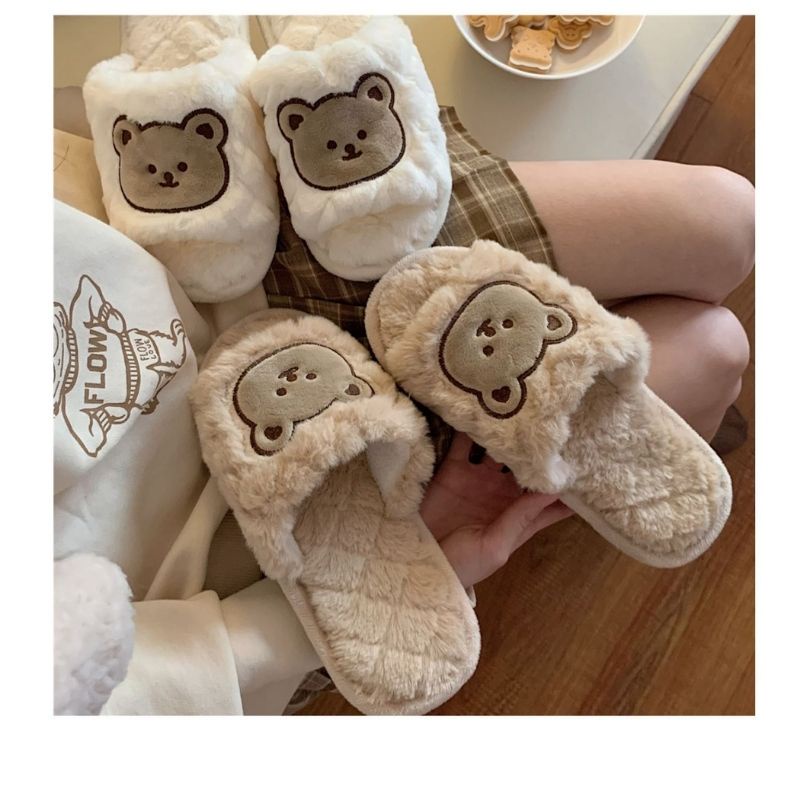 Dép lông nữ quai ngang họa tiết gấu bear đáng yêu hai màu basic đi học đi chơi đi trong nhà siêu xinh jumato