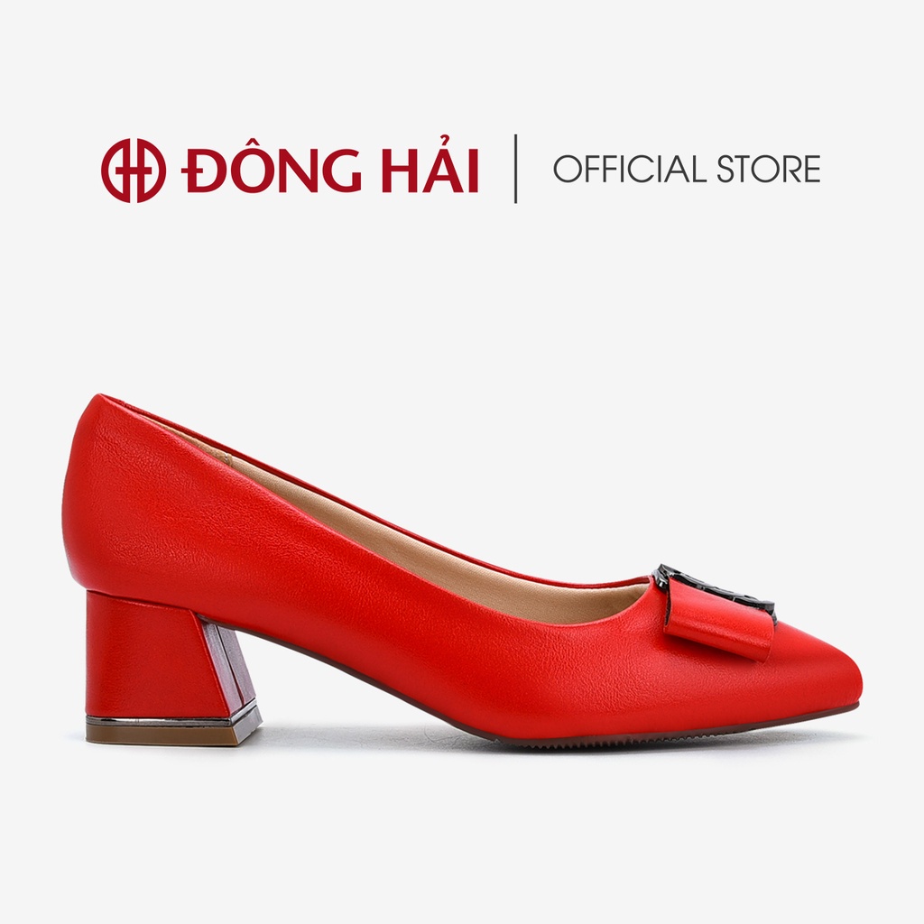 Giày cao gót nữ Đông Hải mũi nhọn đính  nơ khóa kim loại thanh lịch gót vuông cao 5cm tôn  dáng - G81I4
